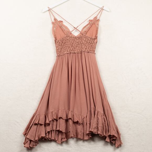 FREE PEOPLE ONE Adella Ruffle Tiered Slip Dress Boho Fairy Balletcore Pink Sz XS - Picture 11 of 15